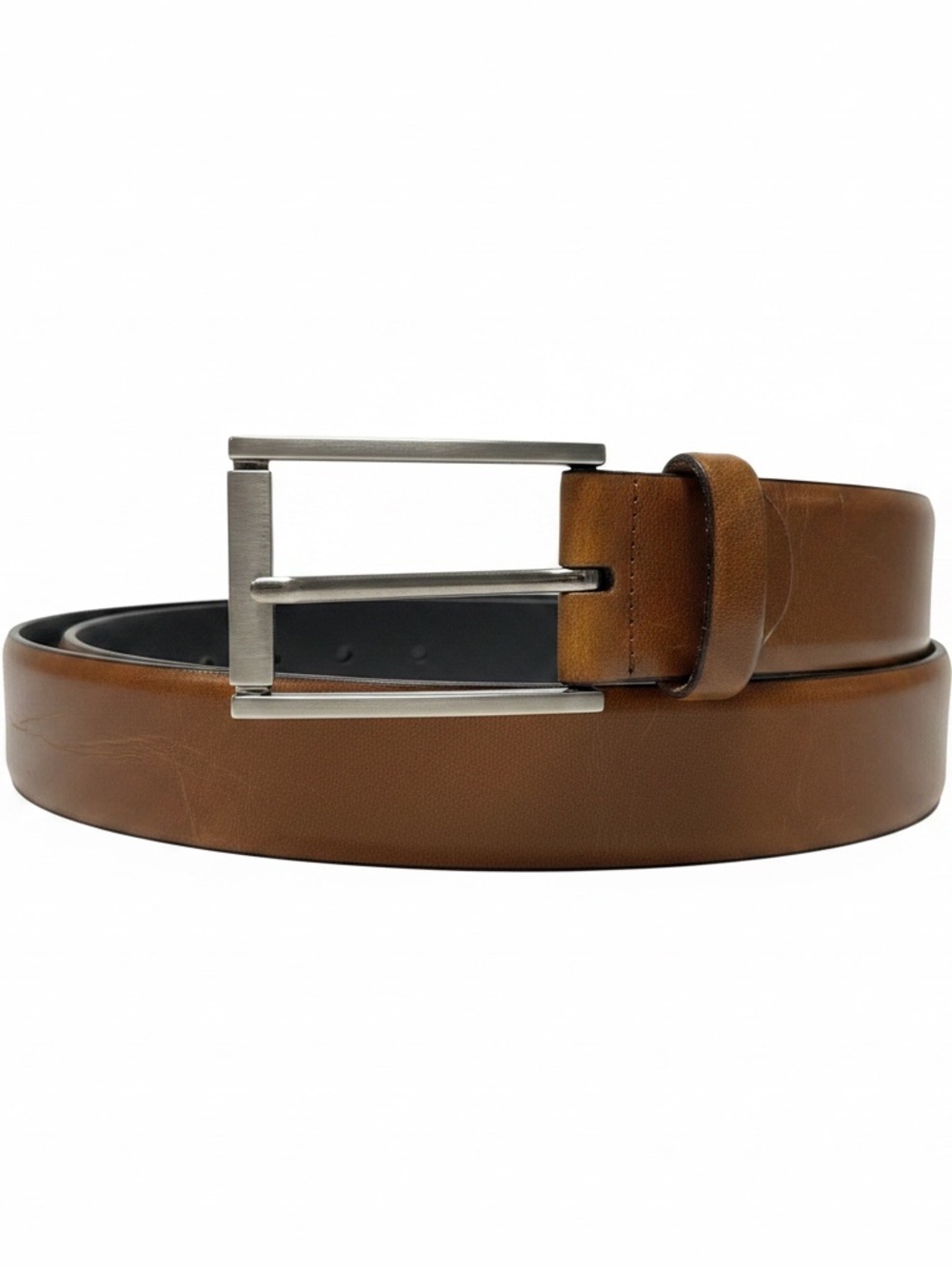 Men's Brown Leather Belt with Brushed Silver Buckle